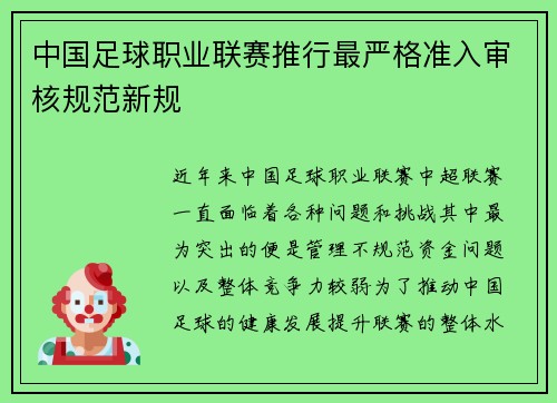 中国足球职业联赛推行最严格准入审核规范新规 中国足球职业联赛推行最严格准入审核规范新规